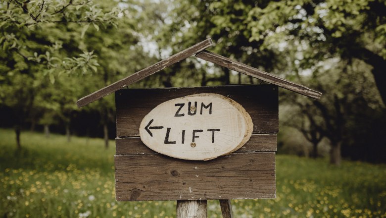 Wooden sign in the green with the inscription 'Zum Lift' and an arrow pointing left.