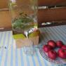 A glass container with water and herbs, next to it a glass and a plate with red apples on a striped table.