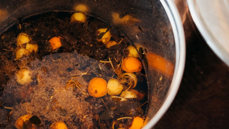 Pot with creepers and leaves in liquid.