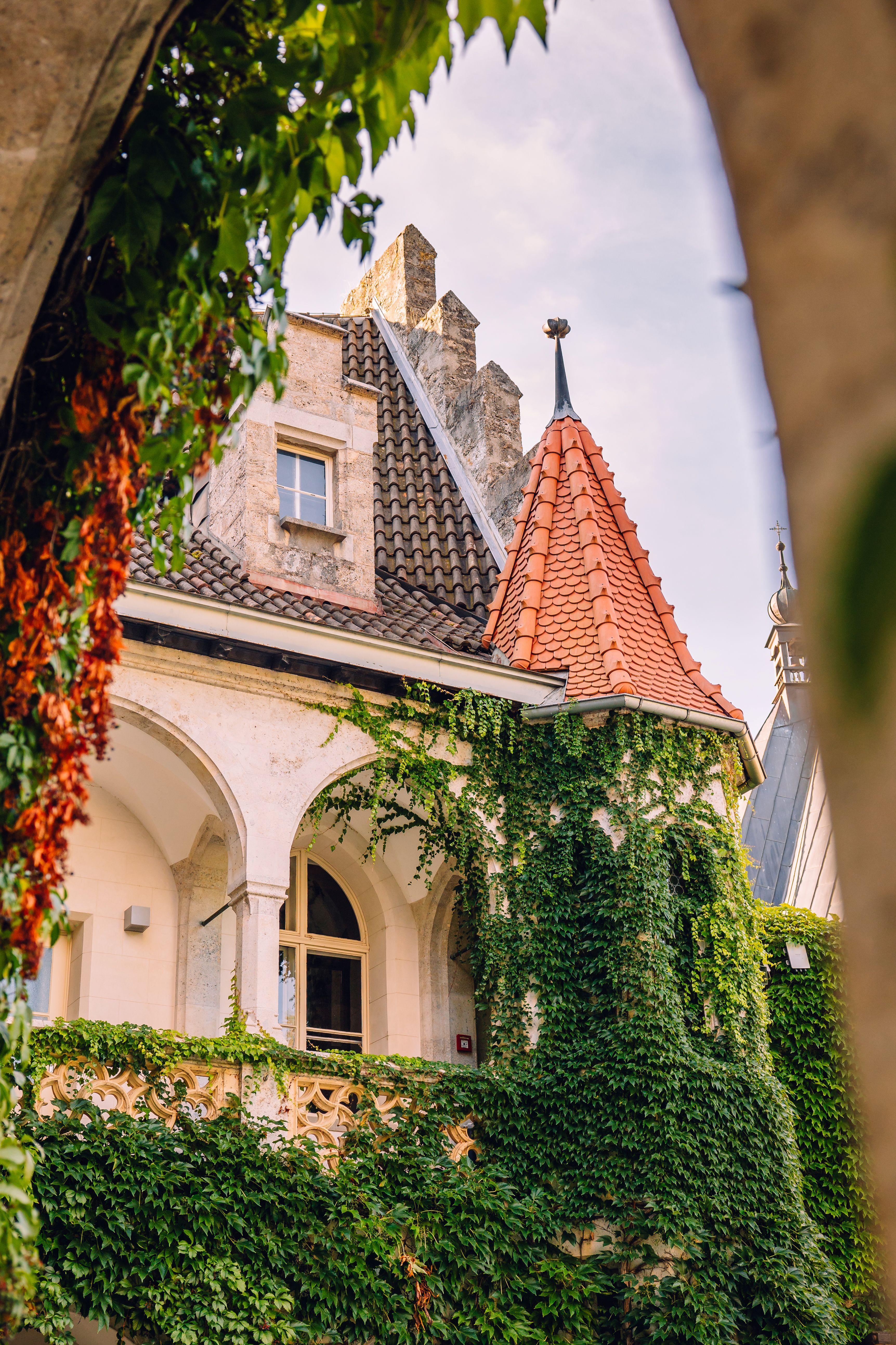 A close-up view of Schloss Rothschild in Waidhofen an der Ybbs, featuring an ivy-covered facade, arcades, and a small tower with a red-tiled roof.