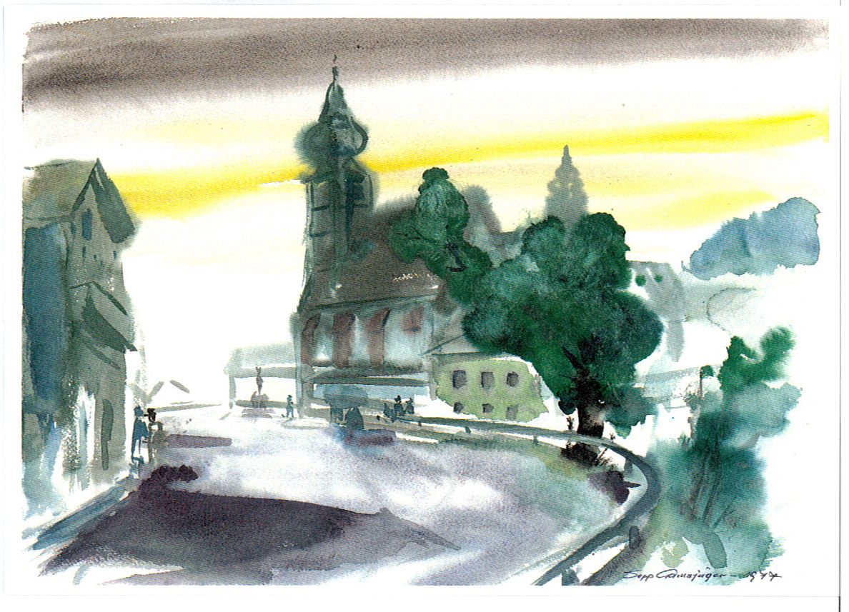 Watercolor of a city view with church and trees.