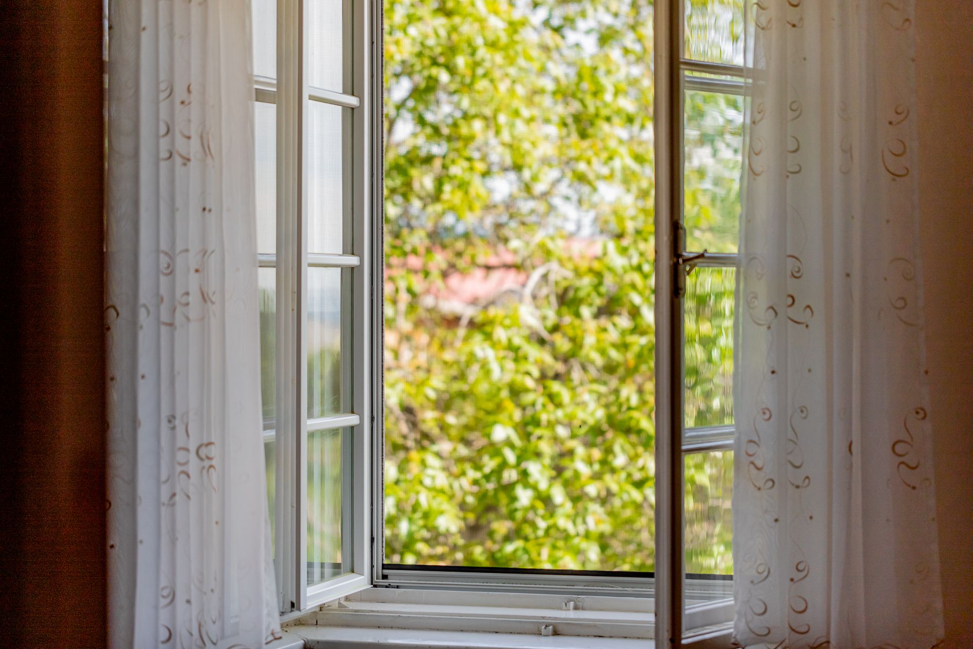 Open window with white curtains, view of green trees.