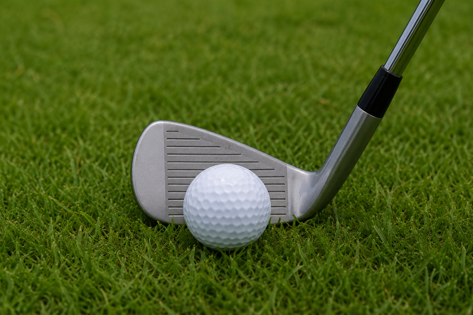 A golf club and a golf ball on green grass.