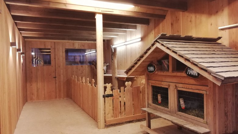 Interior view of a wooden goat pen with goat enclosure and small house.