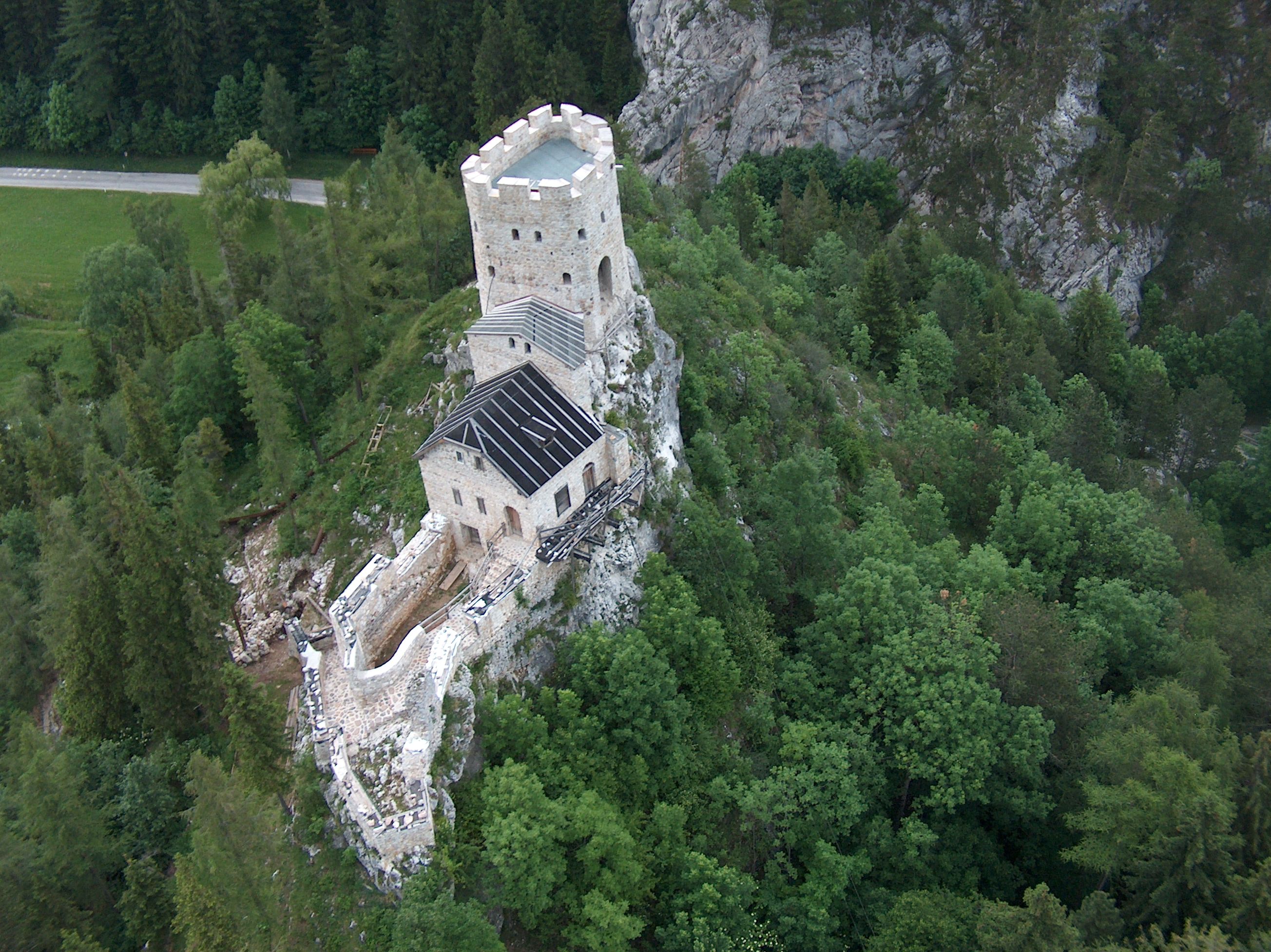 Aerial view of the Losenheim castle ruins surrounded by forest.