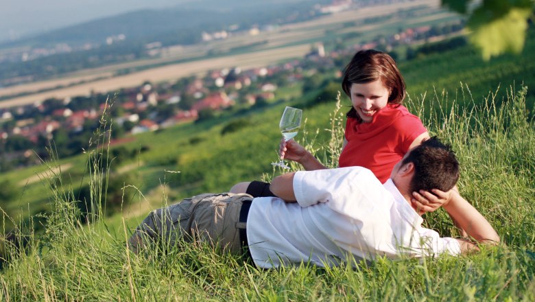 A couple is lying in a meadow in the Traisental, the woman is holding a wine glass. Fields and a village can be seen in the background.