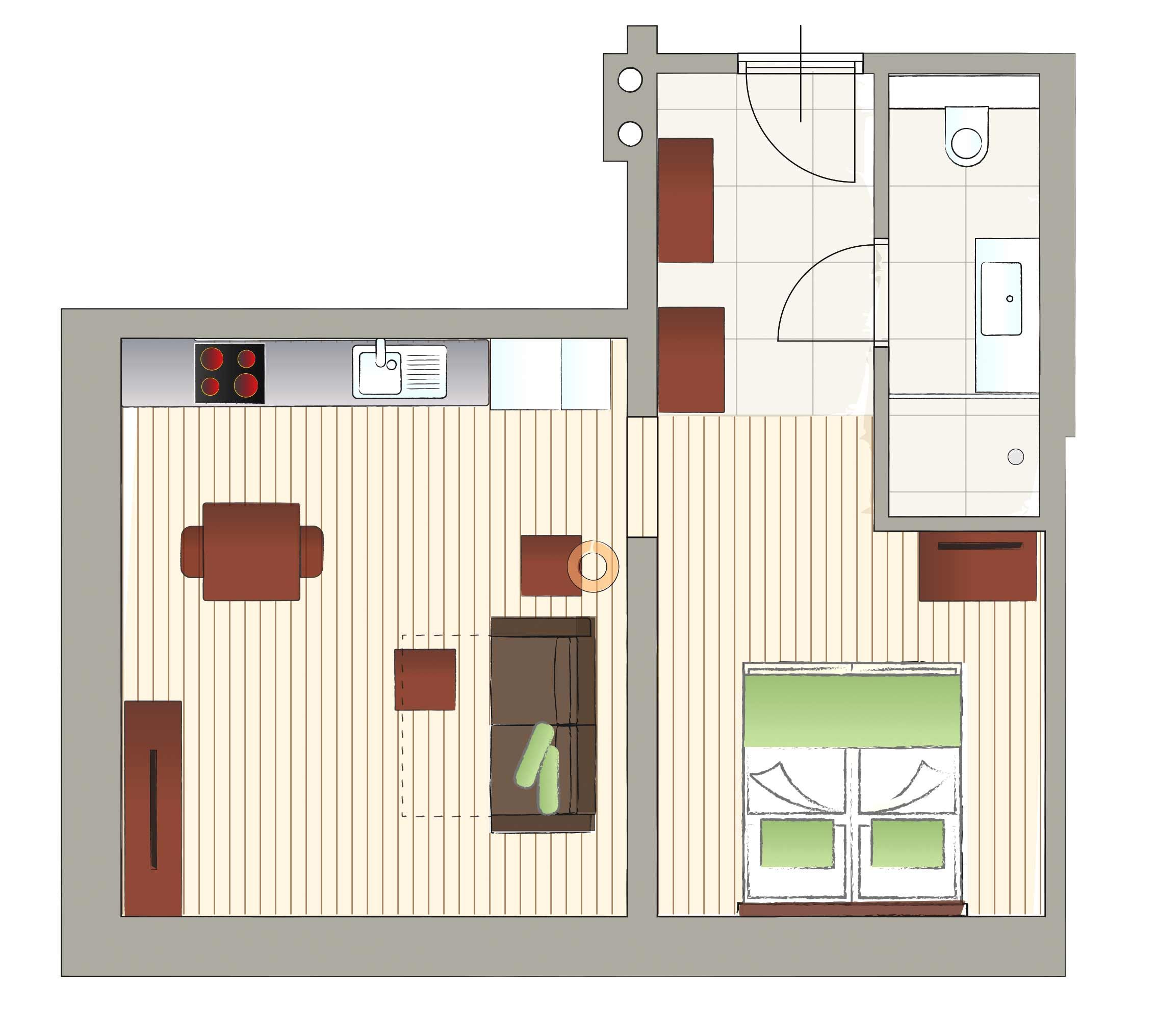 Floor plan of a small apartment with living area, kitchen, bathroom and bedroom.