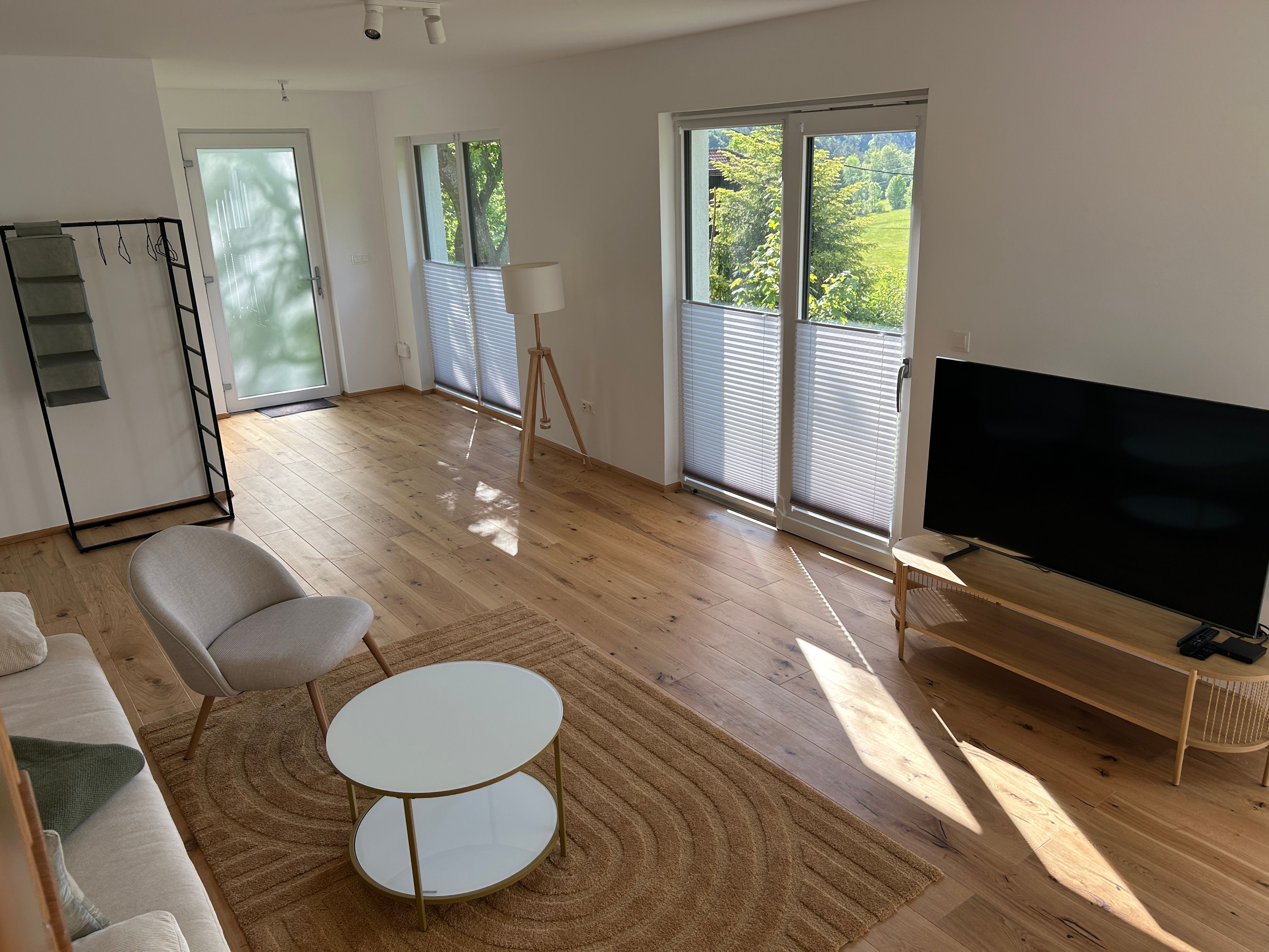Interior view of a modern living room with wooden floor, sofa, armchair, coffee table and TV. Large windows let in plenty of light.