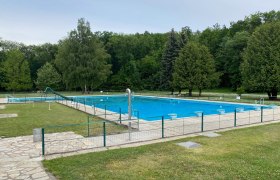 An empty outdoor pool with a large swimming pool, surrounded by trees and lawns.