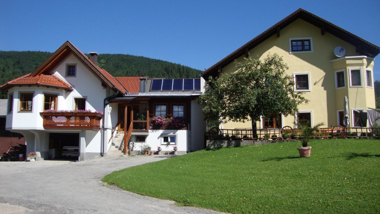 Two houses with a garden and flowering plants, blue sky in the background.