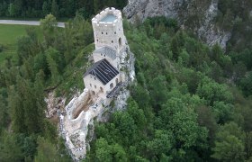 Aerial view of the Losenheim castle ruins surrounded by forest.