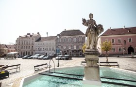 A square with a statue in a fountain, surrounded by historic buildings and parked cars.