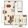 Floor plan of an apartment with two bedrooms, living room, kitchen and bathroom.