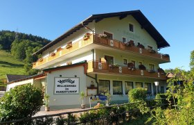 A traditional inn called Hubertushof with flowers on the balconies, surrounded by green countryside and blue skies.