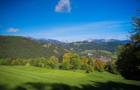 View of a green landscape with hills and mountains in the background, under a clear blue sky.