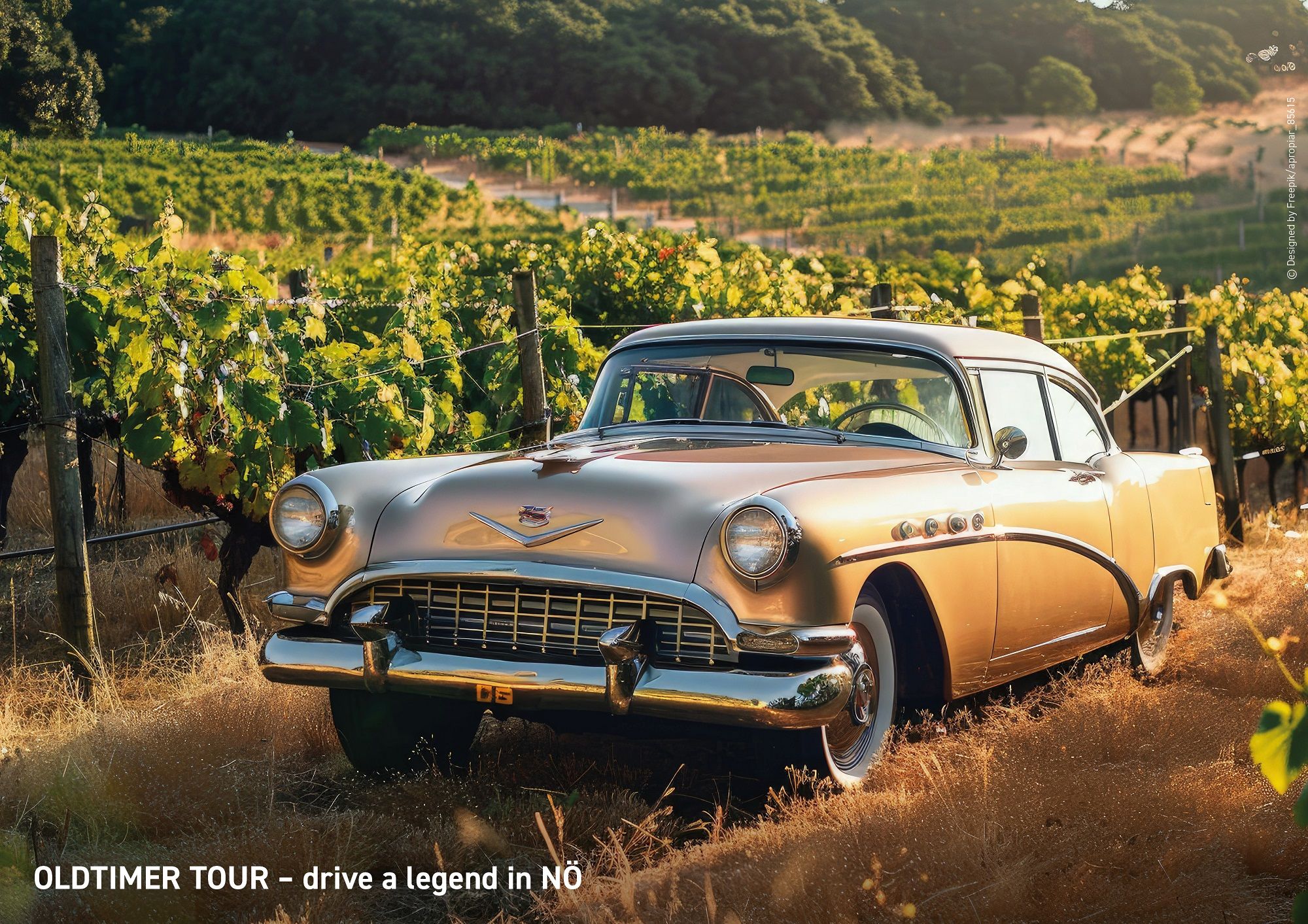 A golden vintage car stands in a sunny vineyard.