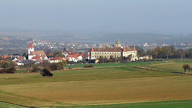 Landscape with church and castle in the distance.