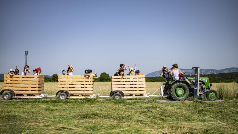 A tractor pulls a trailer full of happy people through a field.