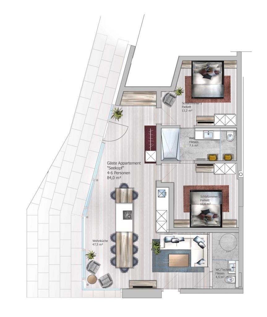 Floor plan of the Seekopf apartment in Haus am See with two bedrooms, kitchen/living room and bathroom.