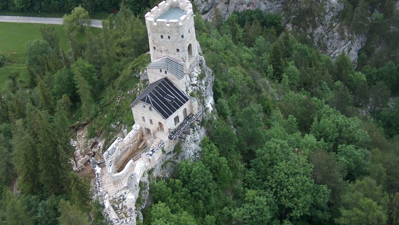 Aerial view of the Losenheim castle ruins surrounded by forest.