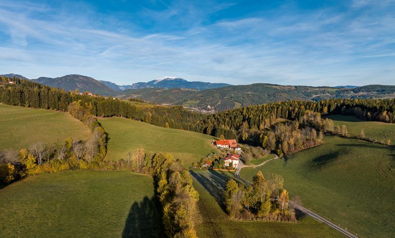 Landscape near St. Corona am Wechsel with green hills and a farm.