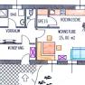 Floor plan of an apartment with two bedrooms, living room, kitchen, bathroom and anteroom.