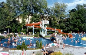 An outdoor pool with lots of people, a water slide and trees in the background.