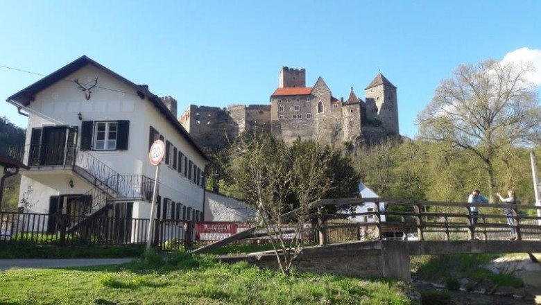 A house with deer antlers and a castle in the background.