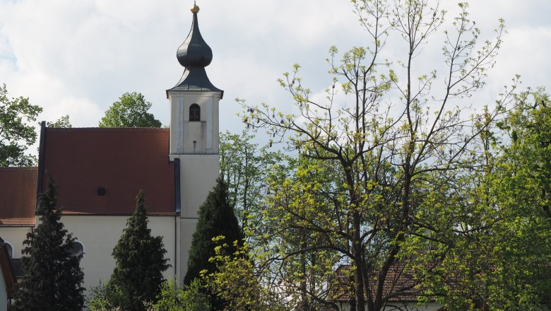 Church with onion dome and trees in the foreground.