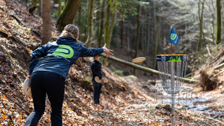 Person throws Frisbee into disc golf basket in the forest.