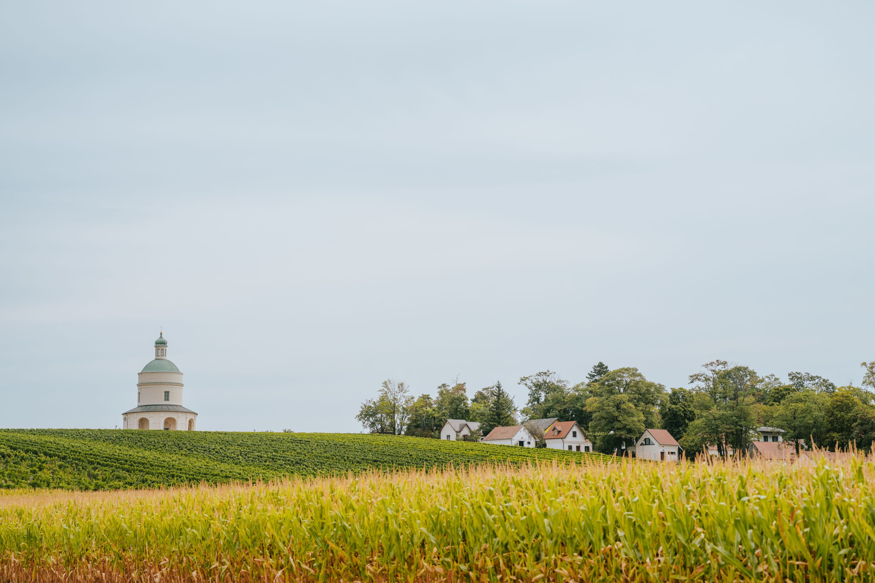 Rochus Chapel on a hill with surrounding fields and houses.
