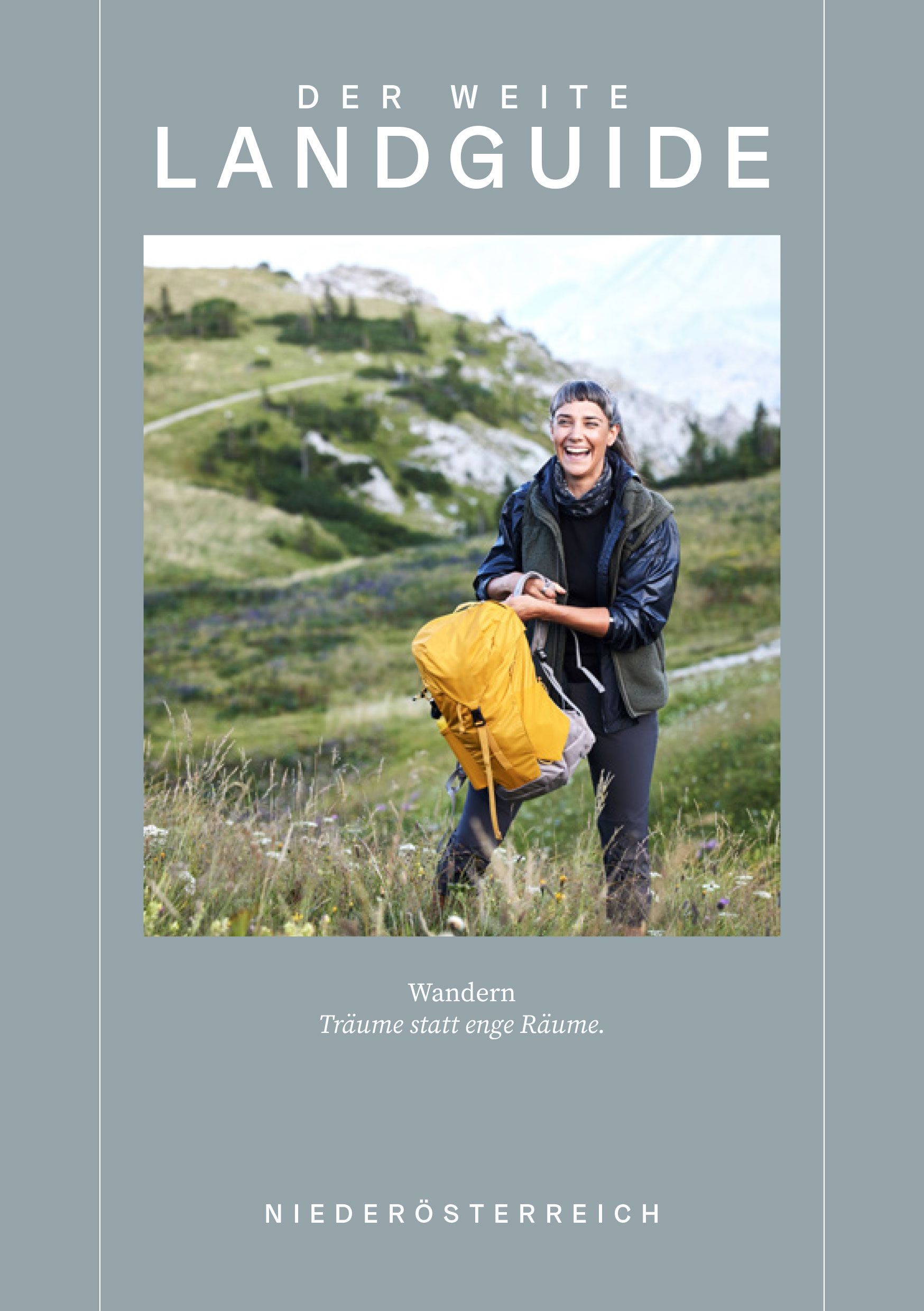 Cover der Broschüre "Der weite Landguide, Edition Wander" zeigt eine Frau mit einem Rucksack auf dem Berg Rax. Im Hintergrund ist ein Wanderweg und grüne Wiese zu sehen.  