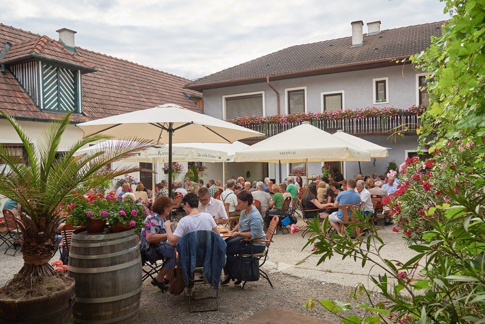 A lively courtyard of a wine tavern with lots of people at tables under umbrellas, surrounded by flowers and plants.