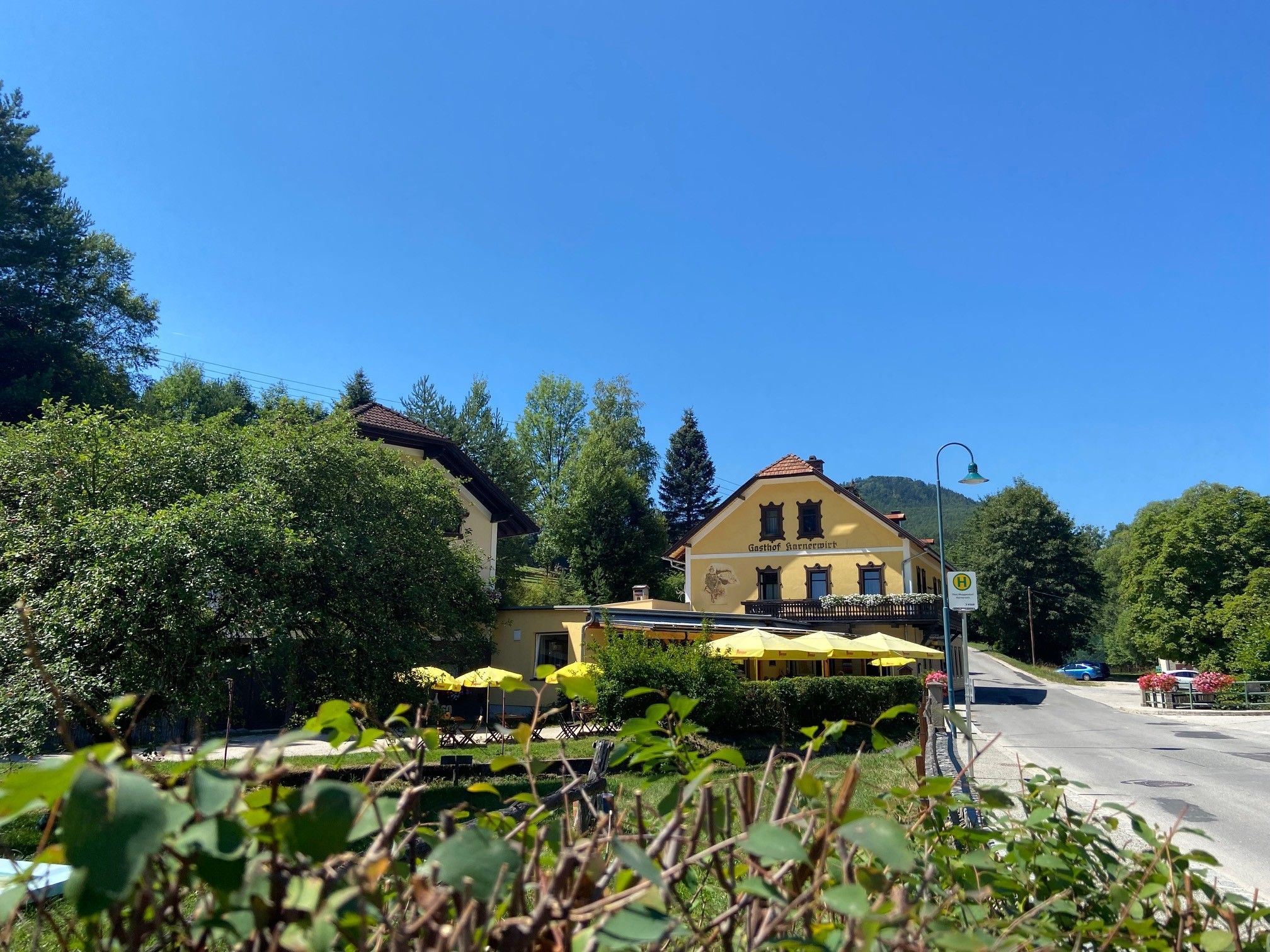 A yellow inn with a terrace and parasols, surrounded by trees and a road.