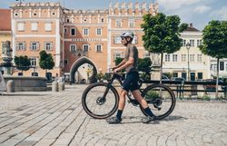 Ein Radfahrer genießt die malerische Atmosphäre der Stadt, während er sein Fahrrad durch die charmanten Gassen schiebt. Die historischen Gebäude und die sanften Hügel im Hintergrund laden zu einer Erkundungstour ein, die die Schönheit der Region Weinviertel offenbart.