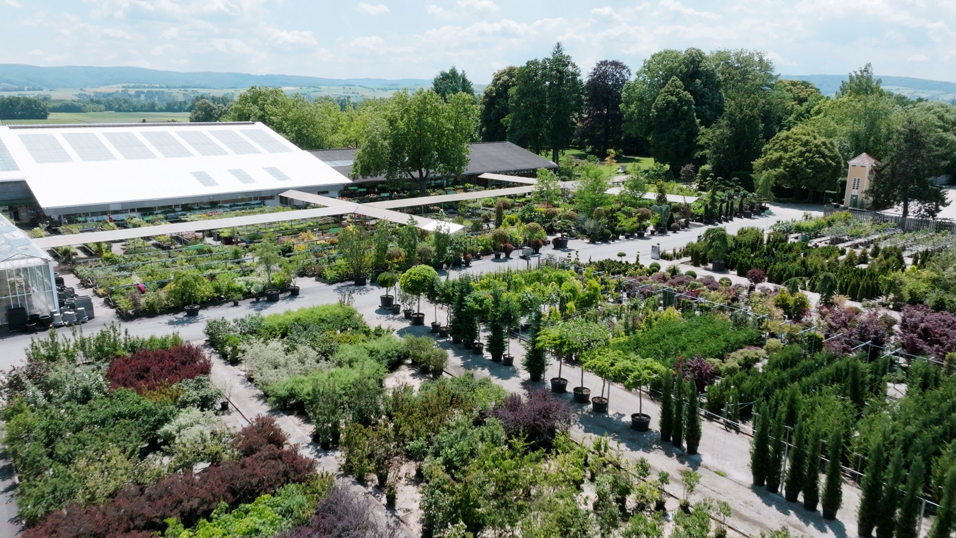 Aerial view of a large nursery with many plants and trees in pots, surrounded by a green landscape.