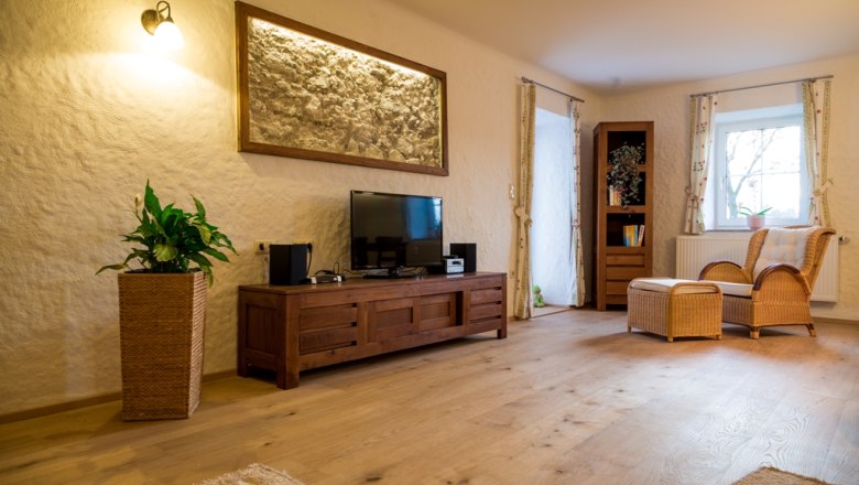 Cozy living room with wooden furniture, TV, rattan armchair and plants.