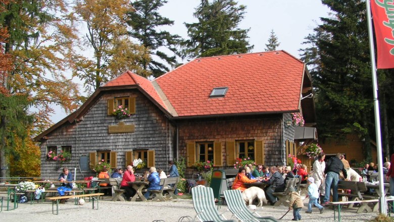 A mountain hut with a red roof and wooden walls, surrounded by trees. People are sitting at tables outside, some with dogs.