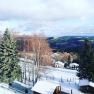 Winter landscape with snow-covered trees and hills in the background.