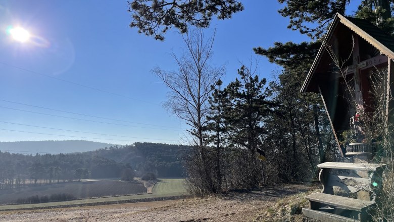 Landscape with huts and trees in the sunshine.
