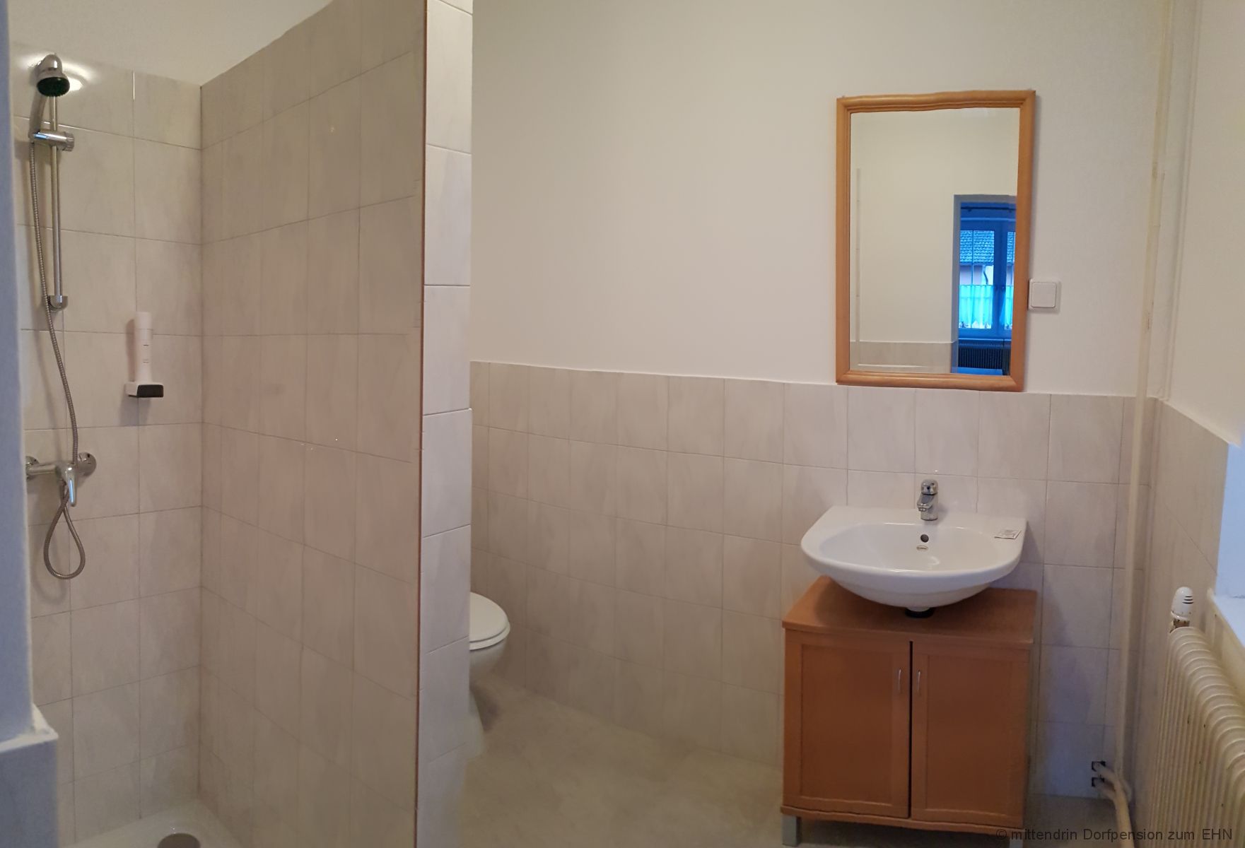 Bathroom with shower, washbasin and mirror.