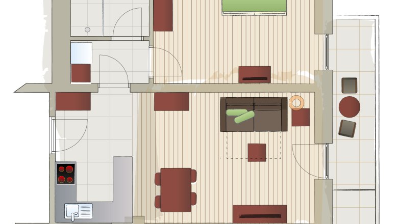 Floor plan of an apartment with bedroom, living room, kitchen, bathroom and balcony.