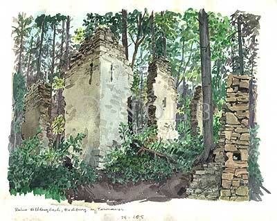 Watercolor of the Altlengbach castle ruins in the forest.