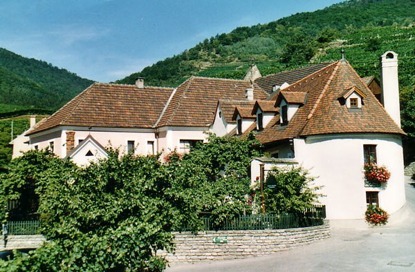 Winery, © Fam. Nothnagl A picturesque vineyard with red tiled roofs and green vines, surrounded by hills.