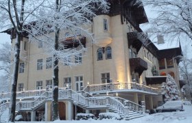 A large, elegant hotel in winter, surrounded by snow-covered trees and a snow-covered car.
