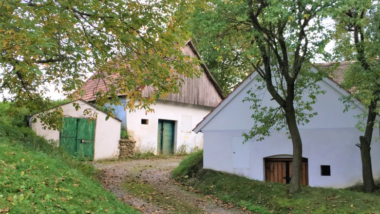 Ameis wine cellar lane with white buildings and green doors, surrounded by trees and grass.