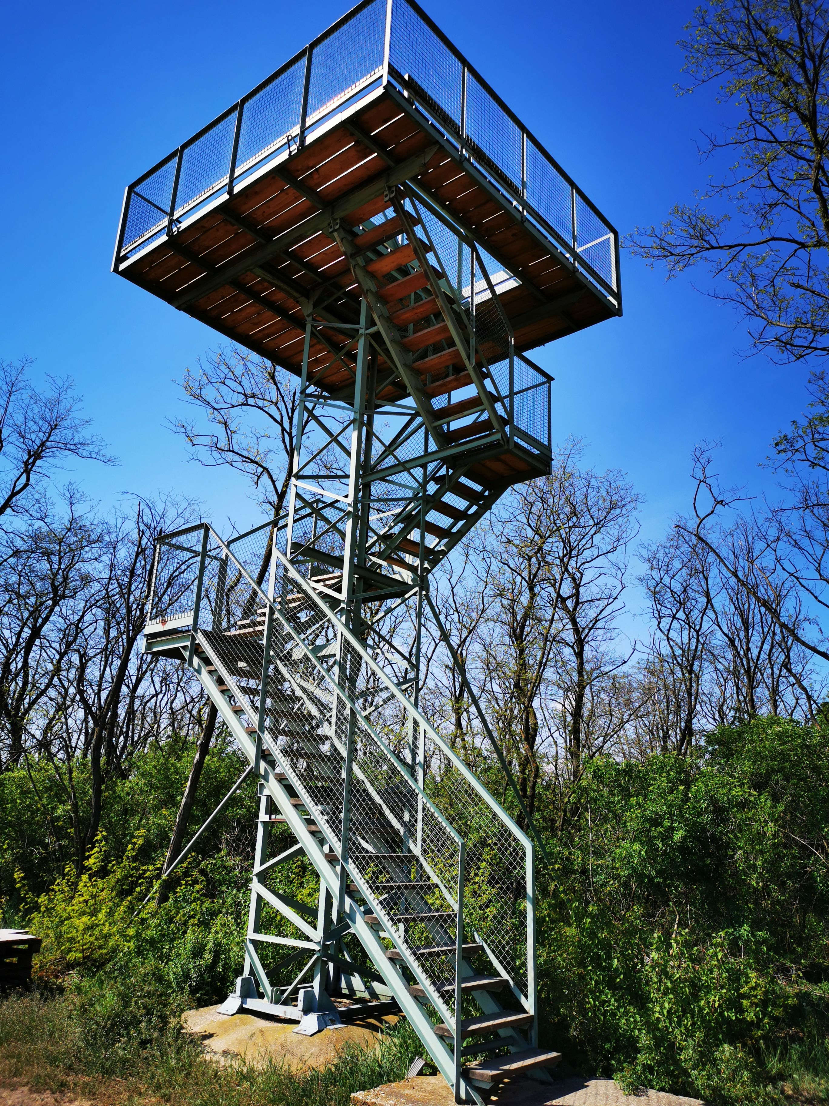 Metal tower with stairs in a wooded area under a blue sky.