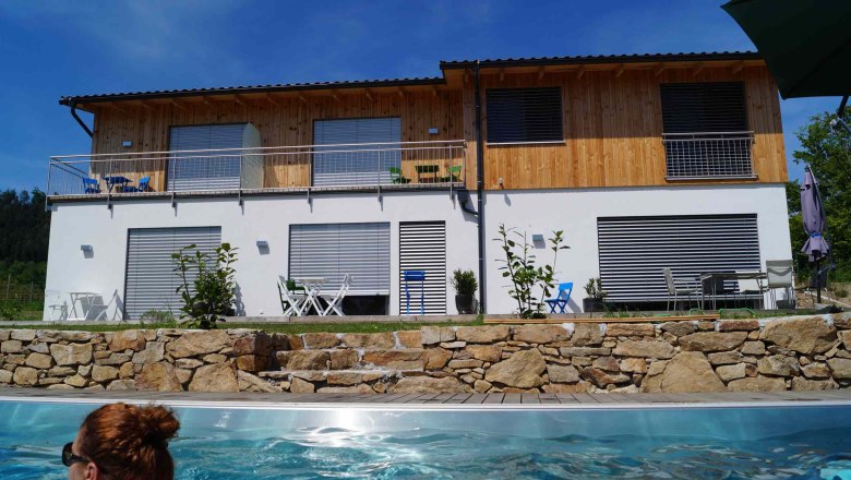 e2 Private room, © Fam. Exenberger Modern two-story house with wood paneling and pool in the foreground.