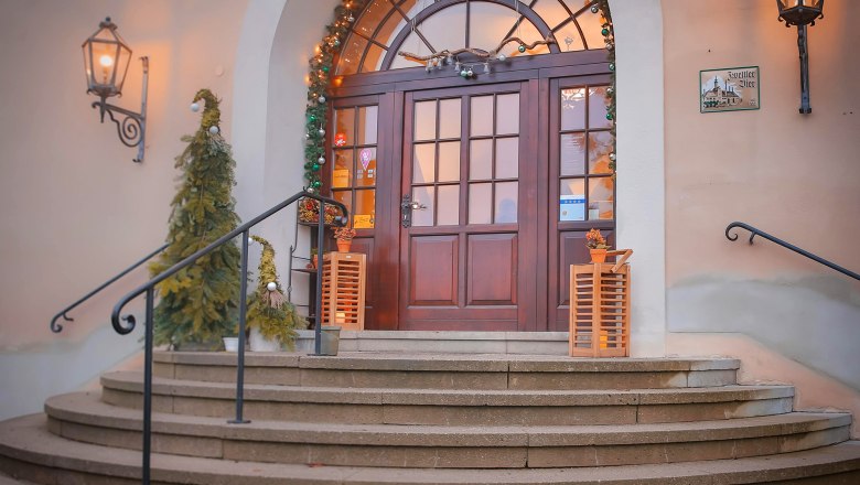 Entrance with decorated Christmas trees and lights.