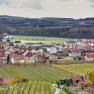 View of the village of Rohrendorf with vineyards in the foreground and hills in the background.